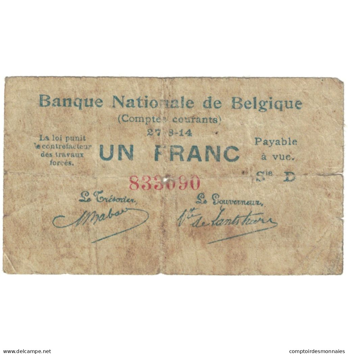Billet, Belgique, 1 Franc, 1914, 1914-08-27, KM:81, TB - 1-2 Franchi