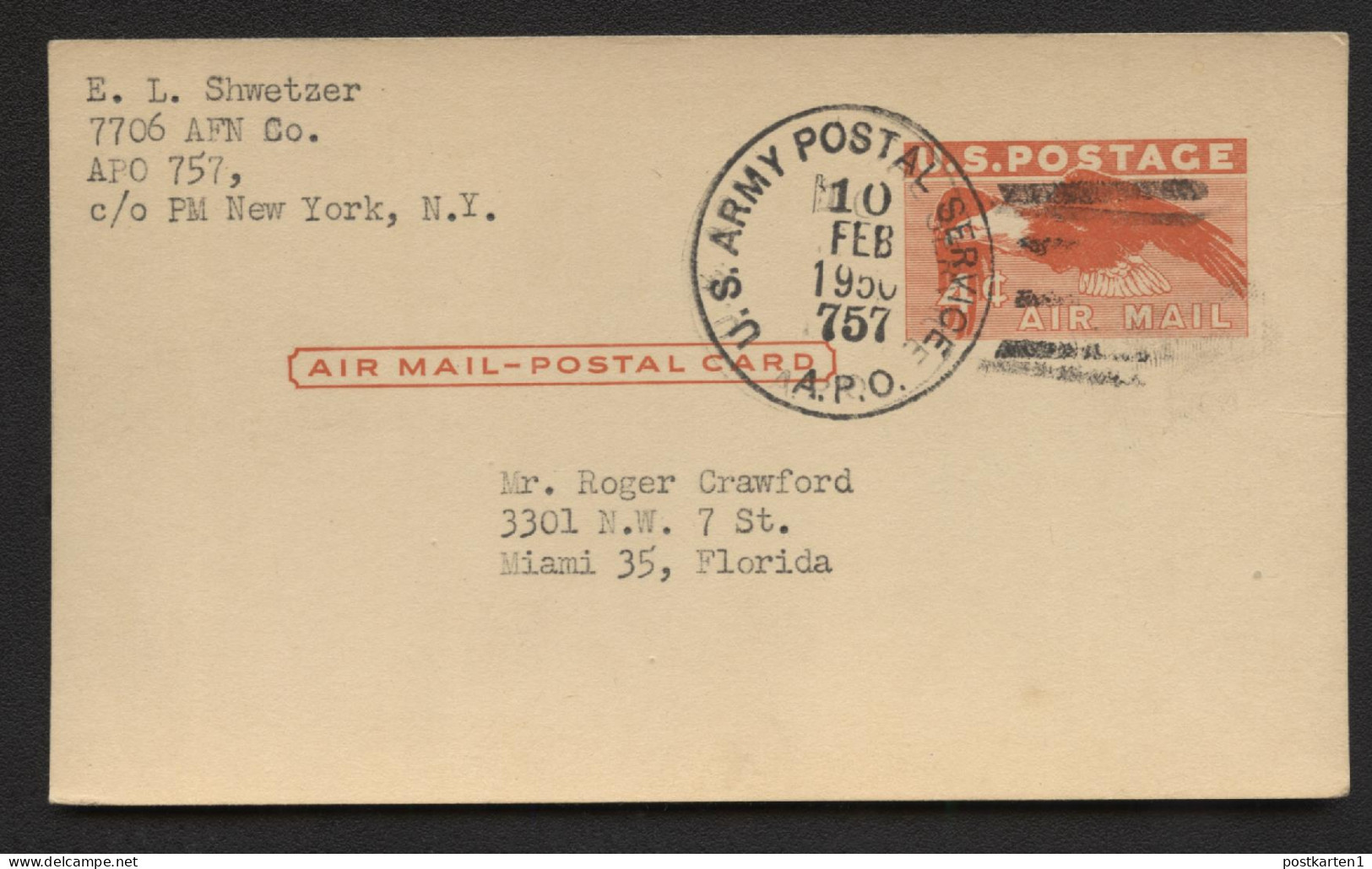 UXC1 Air Mail Postal Card APO 757 To Miami FL 1950 - 1941-60