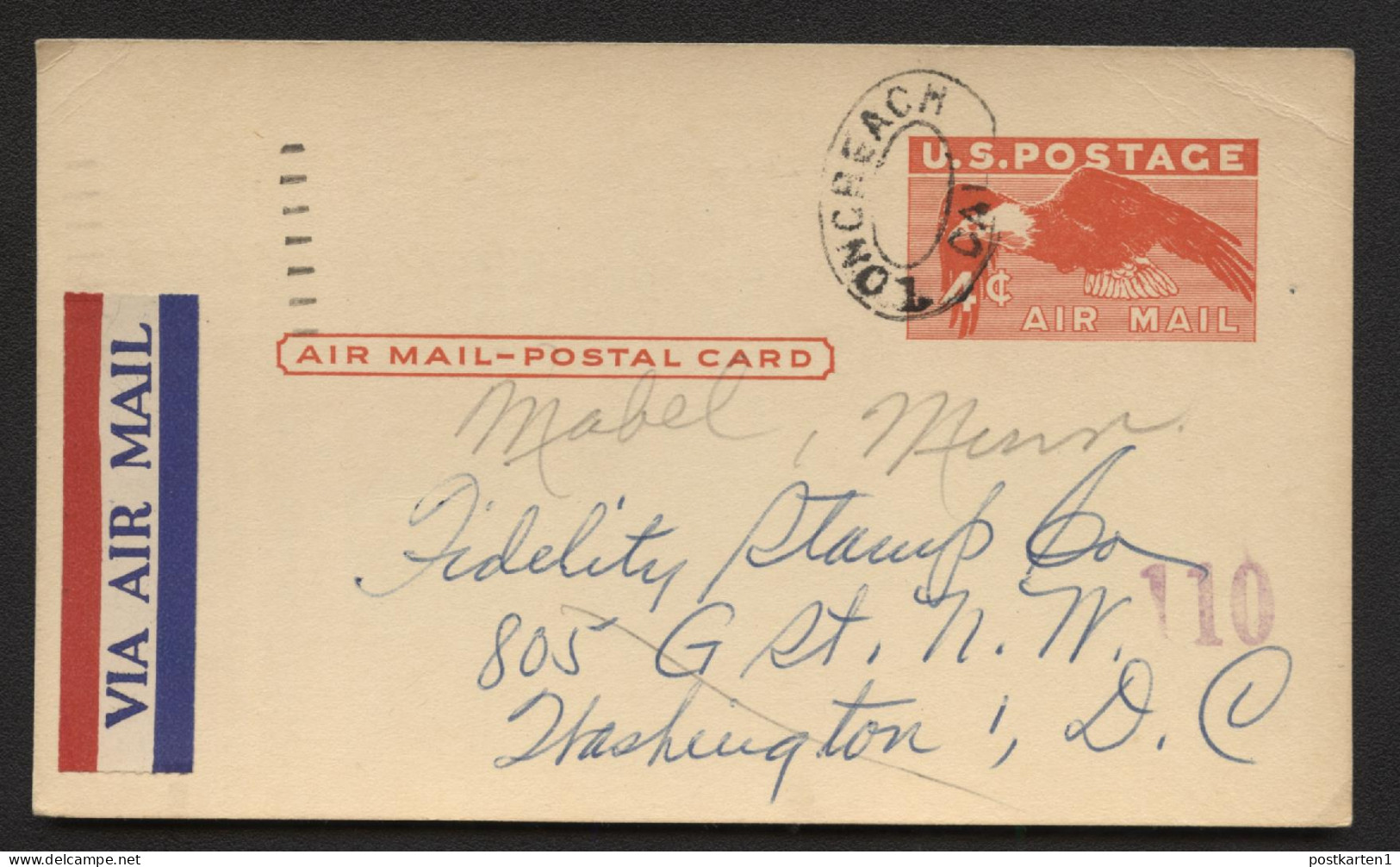 UXC1 Air Mail Postal Card Long Beach CA To Washington DC FORWARDED Mabel MN 1953 - 1941-60