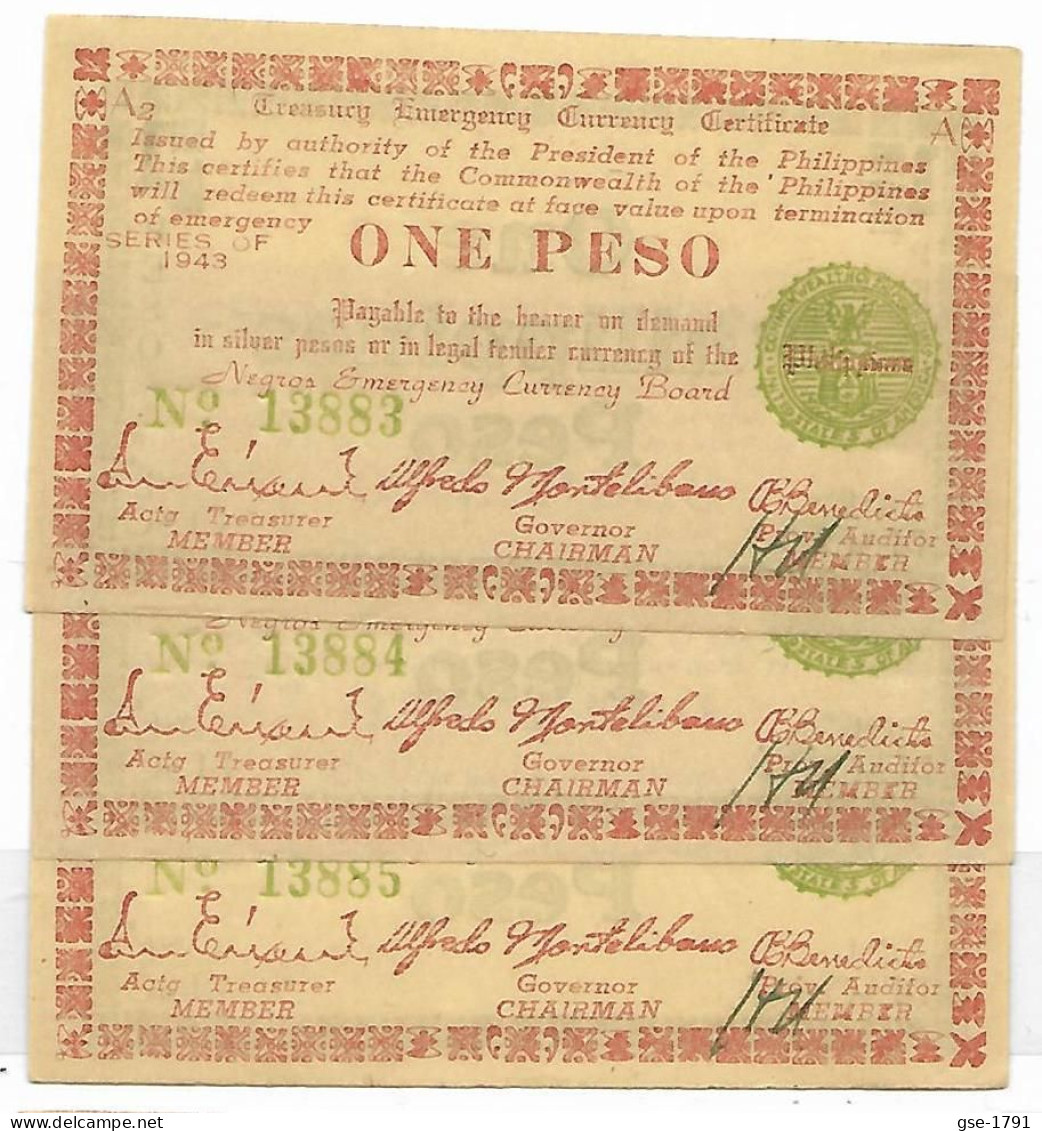 PHILPPINES NEGROS ISLAND  ONE Peso 1ère émission 1943  Rouge & Vert , Verso Vert , Lot De 3 Billets Série NEUFS - Philippines
