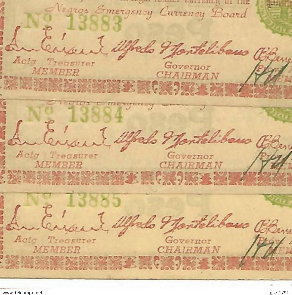 PHILPPINES NEGROS ISLAND  ONE Peso 1ère émission 1943  Rouge & Vert , Verso Vert , Lot De 3 Billets Série NEUFS - Philippines