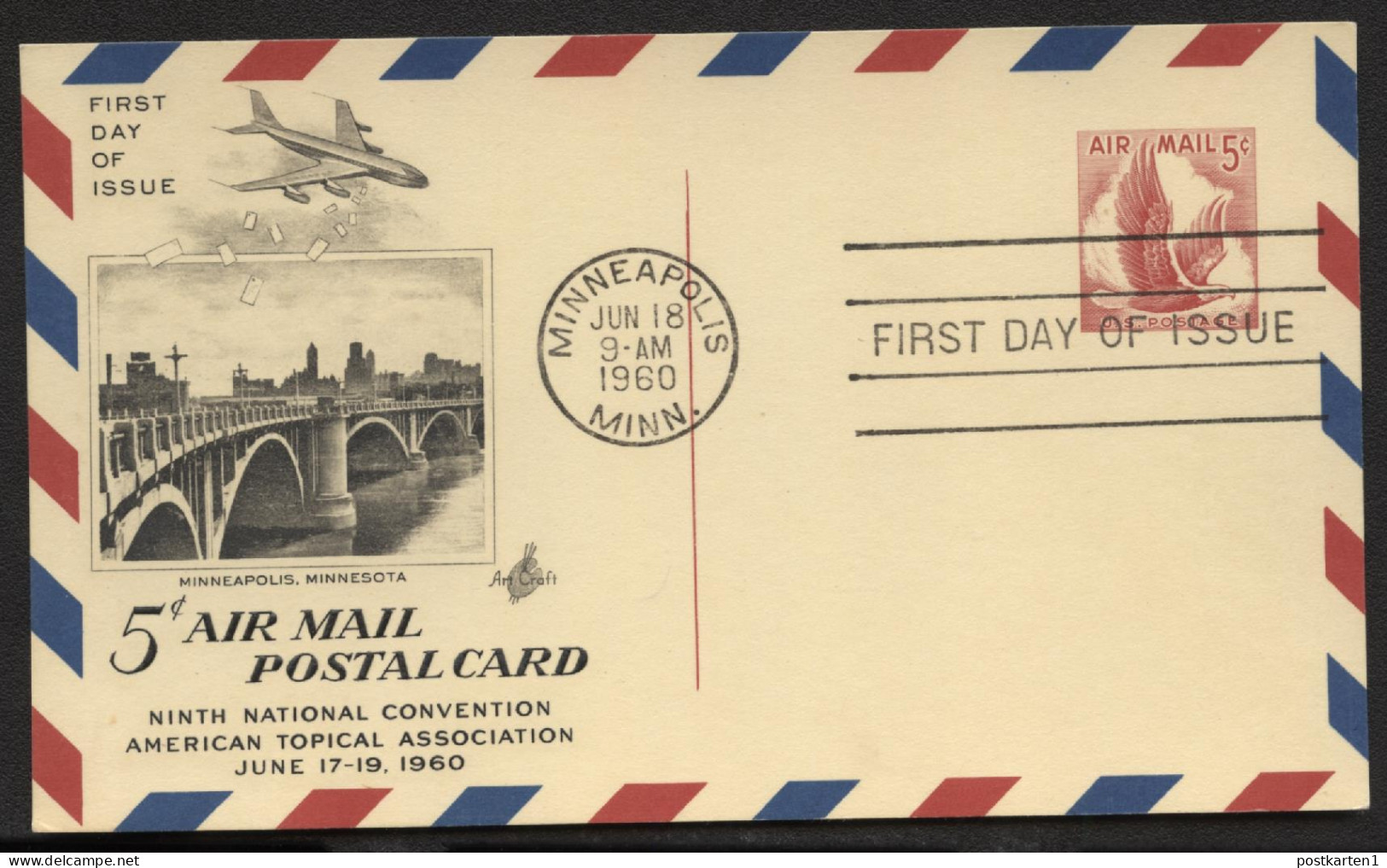UXC3var Air Mail Postal Card THINNED DIVIDING LINE TOP FDC ArtCraft 1960 Cat. $6.00 - 1941-60