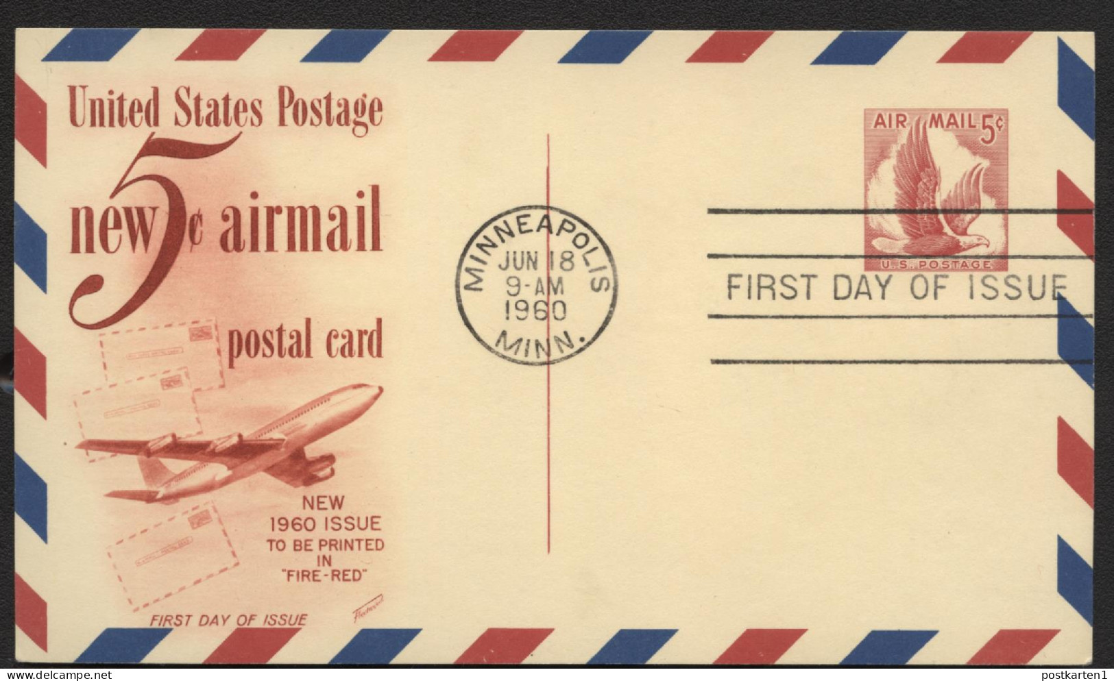 UXC3var Air Mail Postal Card THINNED DIVIDING LINE TOP FDC Fleetwood 1960  - 1941-60