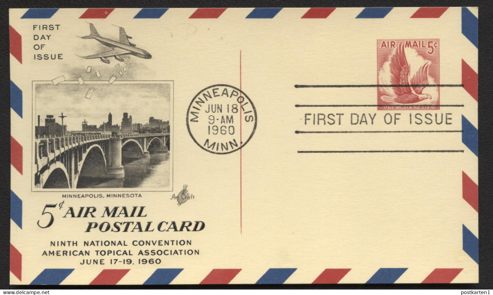 UXC3var Air Mail Postal Card THINNED DIVIDING LINE BOTTOM FDC ArtCraft 1960 Cat.$12.00 - 1941-60
