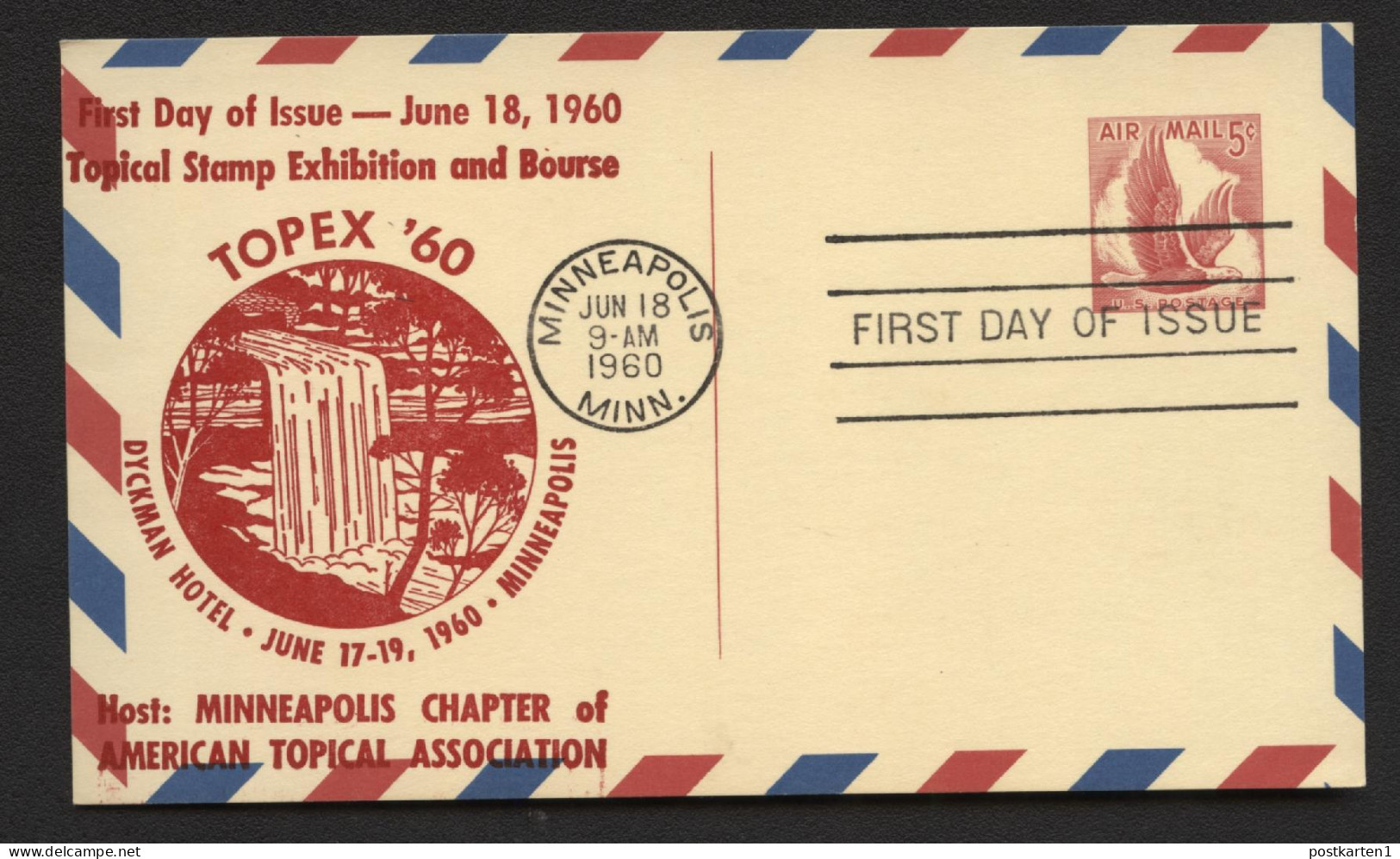 UXC3var Air Mail Postal Card THINNED DIVIDING LINE BOTTOM FDC TOPEX 1960 - 1941-60
