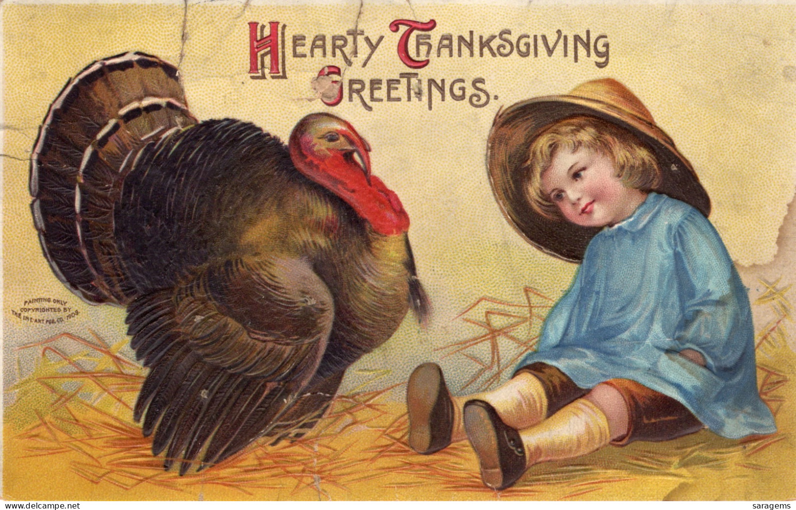 Thanksgiving,Cute Young Boy Smiling At Turkey" 1910 - Ellen Clapsaddle Antique Postcard - Clapsaddle