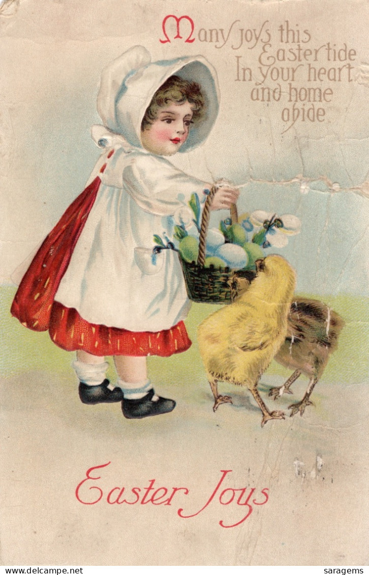 Pretty Young Lady In White Bonnet "Many Joys This Easter"1916 - Ellen Clapsaddle Antique Postcard - Clapsaddle
