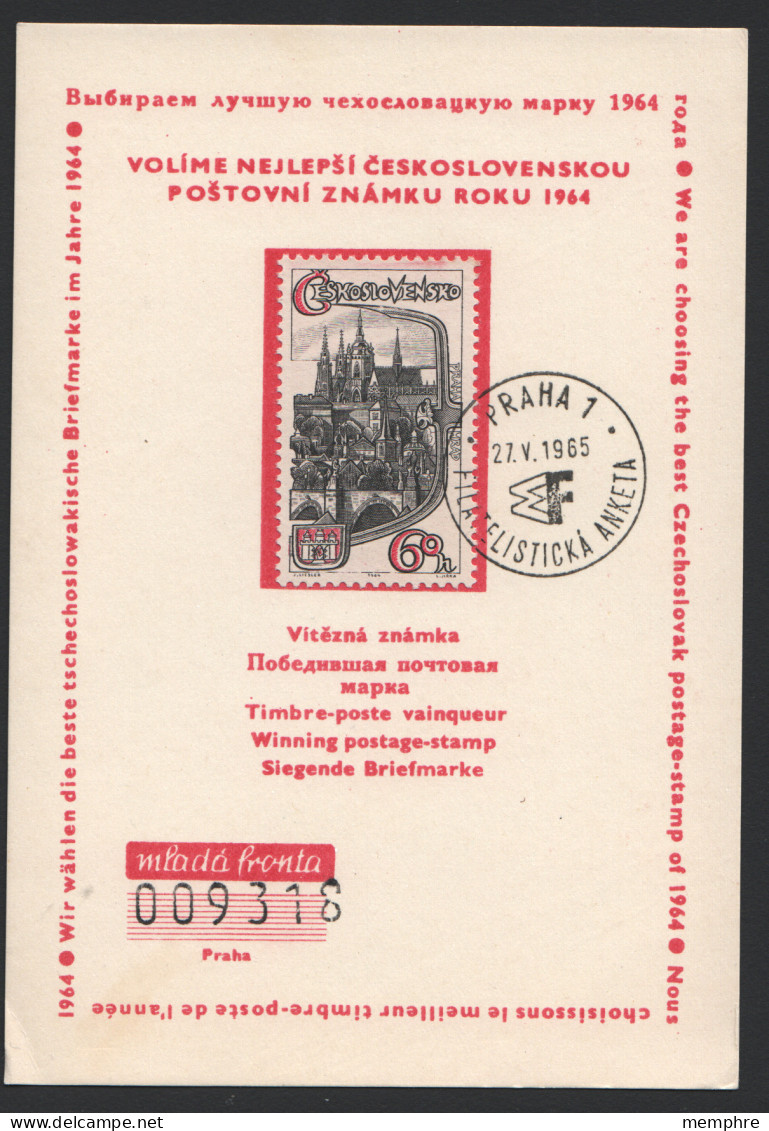 «Best Czechoslovak Stamp Of 1964»   Sc 1256  On Presentation Card - Variétés Et Curiosités