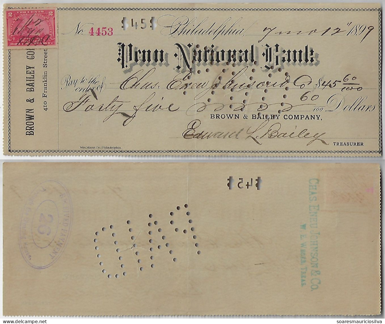 USA 1899 Penn National Bank Check Brown & Bailey Company Agency Philadelphia Fiscal Revenue Stamp 2 Cents Documentary - Chèques & Chèques De Voyage