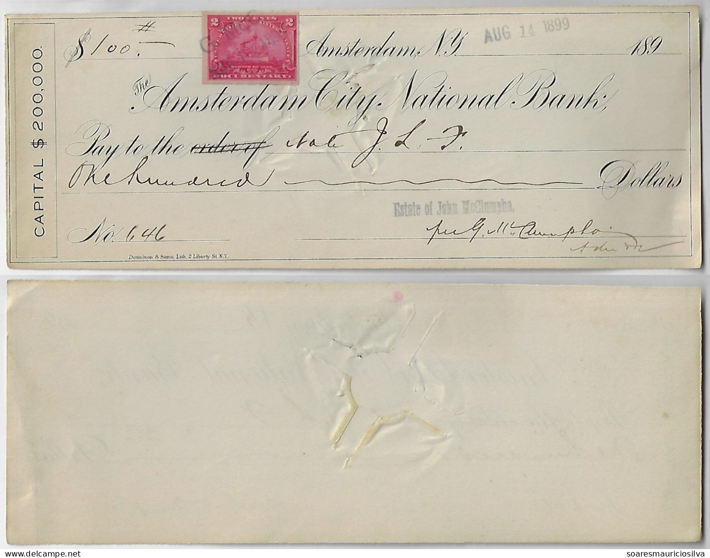 USA 1899 Amsterdam City National Bank Check Estate Of John Mcclumpha Postal Revenue Stamp 2 Cents Documentary - Chèques & Chèques De Voyage