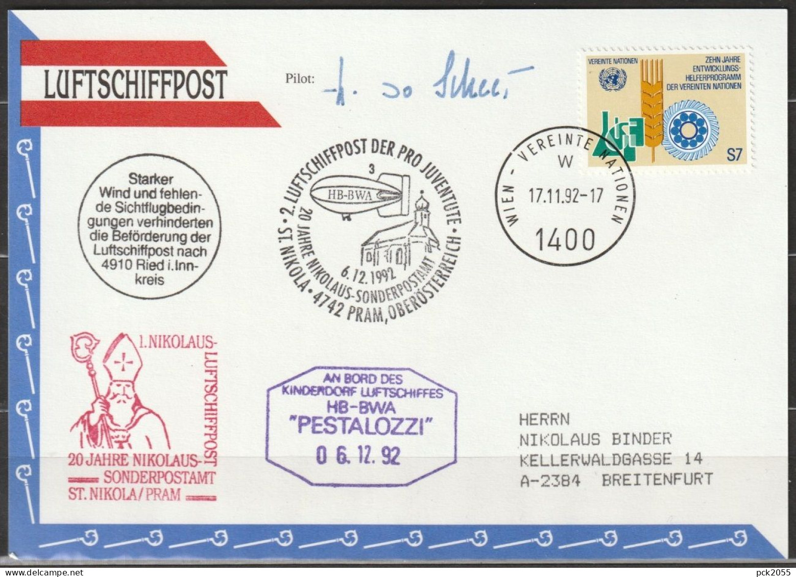 UNO  Wien 2.Luftschiffpost1992 St. Nikola-Pram   Mi-Nr.22 (  D 6025 ) - Cartas & Documentos