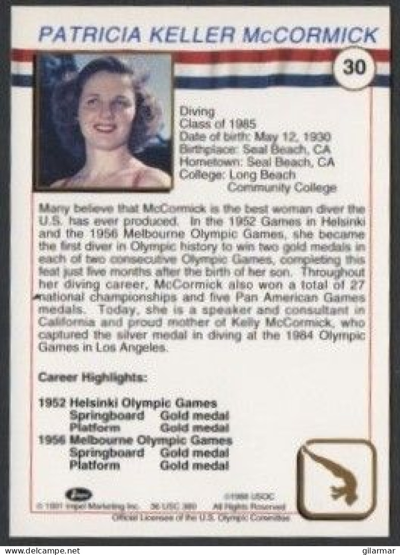 UNITED STATES 1991 - U.S. OLYMPIC CARDS HALL OF FAME # 30 - PATRICIA McCORMICK - OLYMPIC GAMES 1952 / 1956 - DIVING - G - Sonstige & Ohne Zuordnung