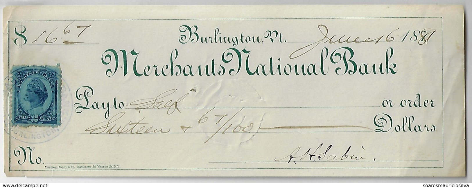 USA 1881 Merchants National Bank Check Agency Burlington Fiscal Revenue Stamp 2 Cents Internal Revenue Department - Chèques & Chèques De Voyage