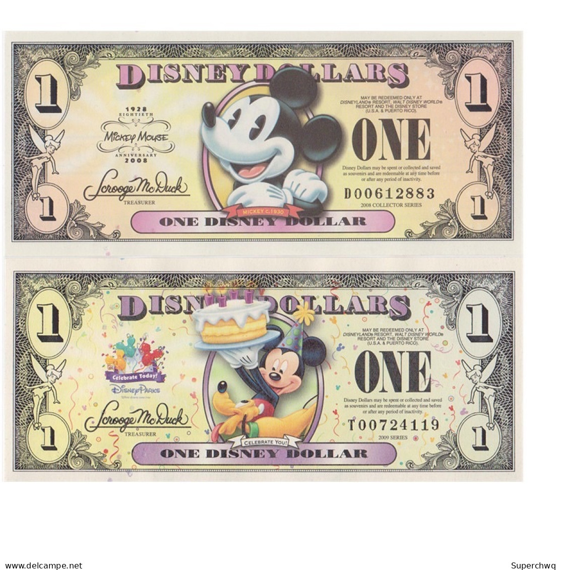 UNC Disneyland Commemorative Banknotes, 2 Copies, 2008 And 2009 Disneyland Commemorative Banknotes With A Booklet - Colecciones Lotes Mixtos