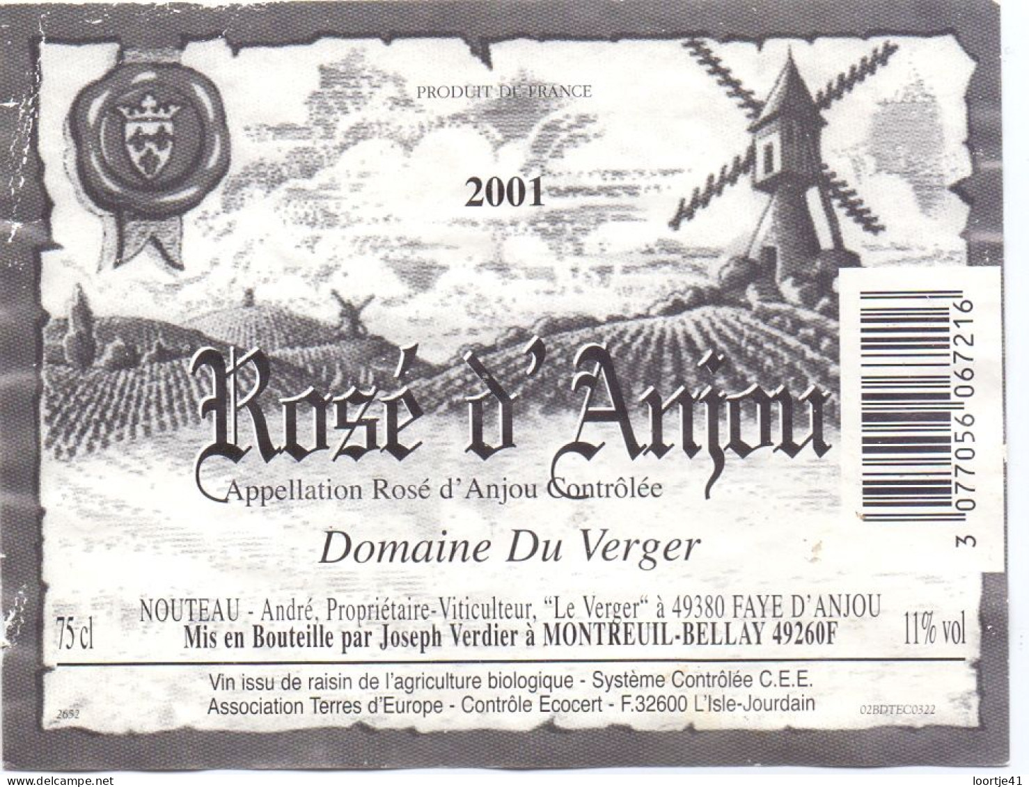 Etiket Etiquette - Vin Wijn - Rosé D' Anjou - Domaine Du Verger - 2001 - Moulin - Pink Wines