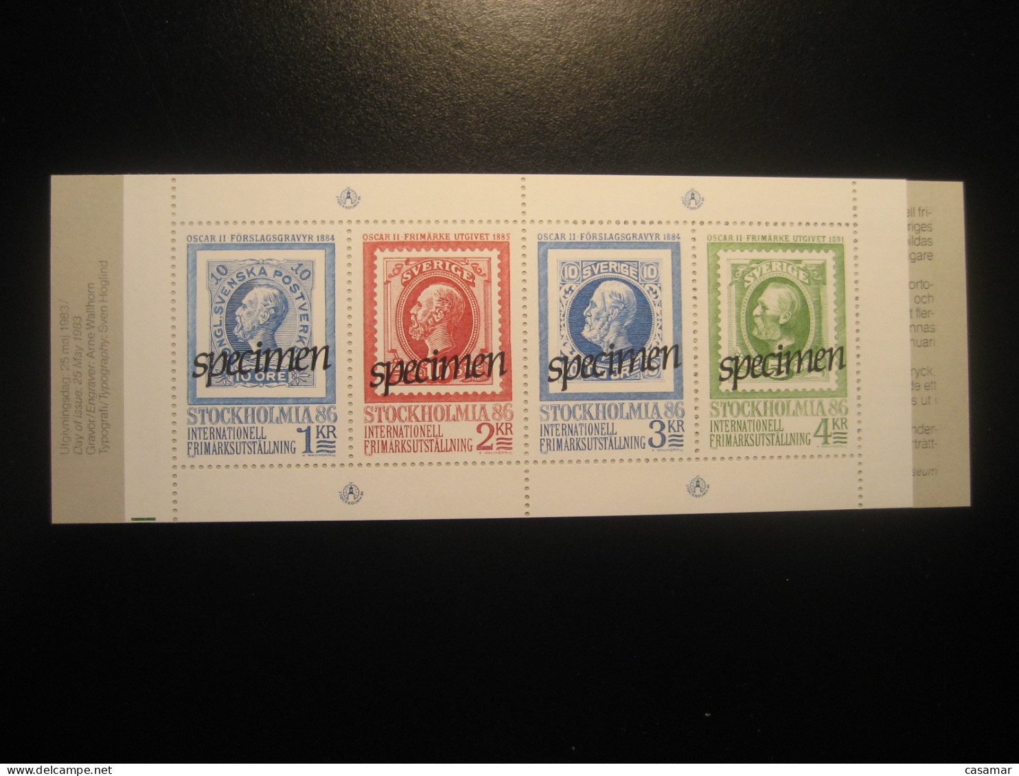 STOCKHOLMIA 1986 Specimen Oscar II Stamp On Stamp Royalty Booklet SWEDEN - Proofs & Reprints