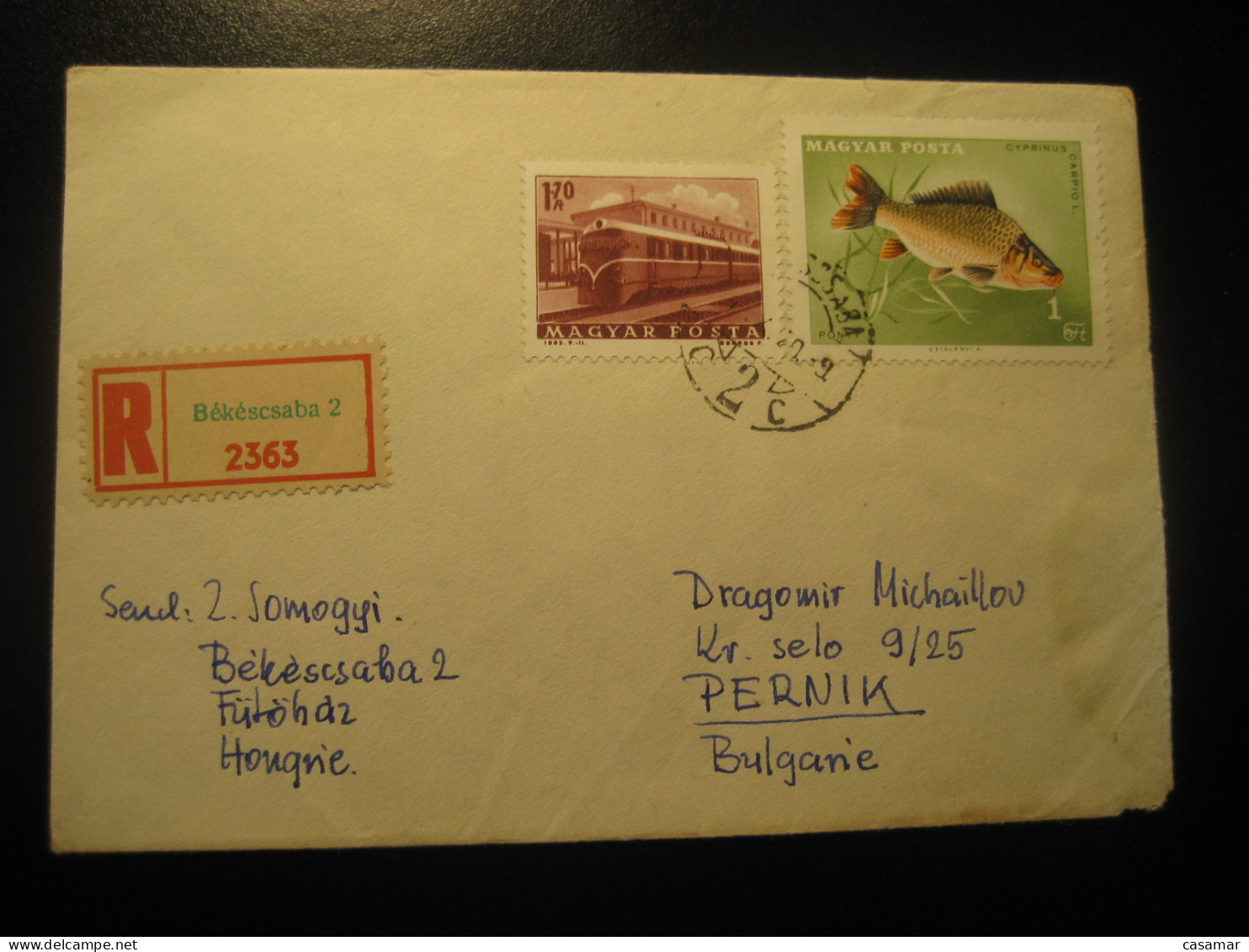 BEKESCSABA 1967 To Pernik Bulgaria Train Railway Fish 2 Stamp On Registered Cancel Cover HUNGARY - Brieven En Documenten