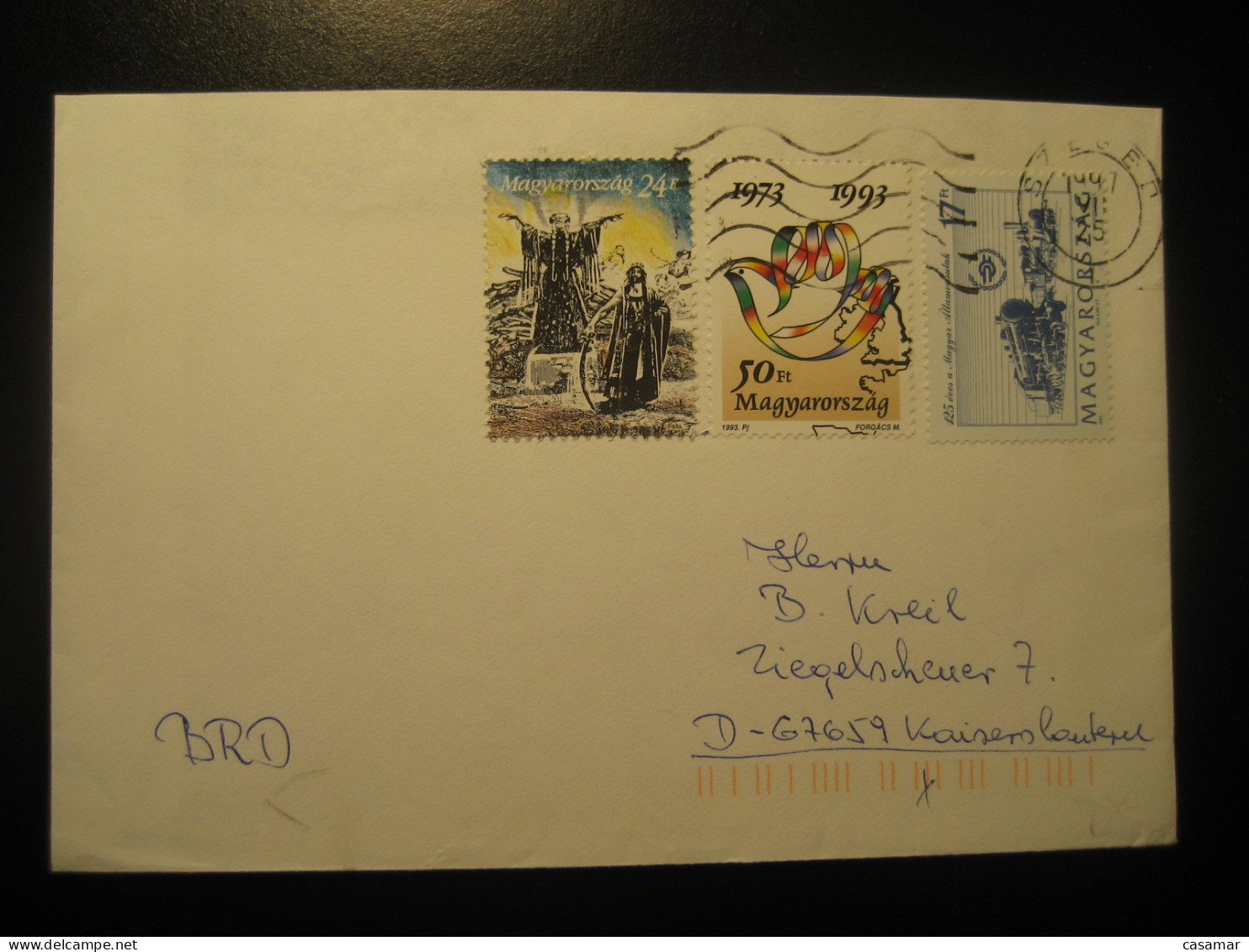 SZEGED 1997 To Kaiserslautern Train Railway Theatre Theater Dove Pigeon 3 Stamp On Cancel Cover HUNGARY - Brieven En Documenten