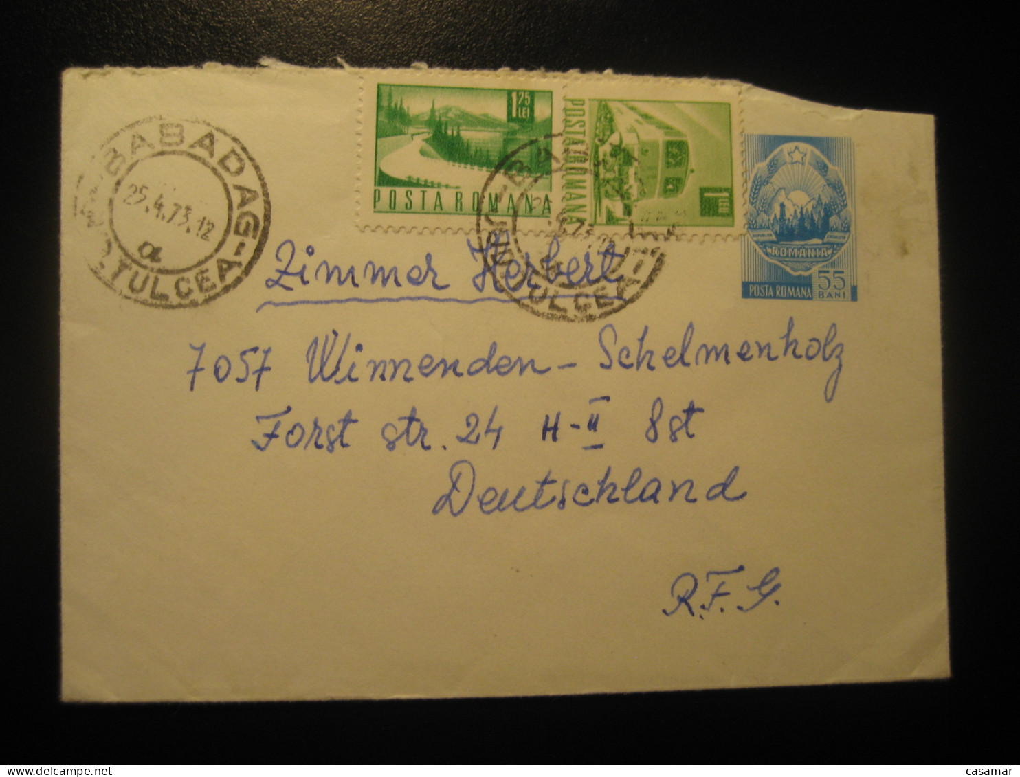 BABADAG 1973 To Winnenden Schelmenholz Germany Train Railway Stamp On Cancel Cover ROMANIA - Briefe U. Dokumente