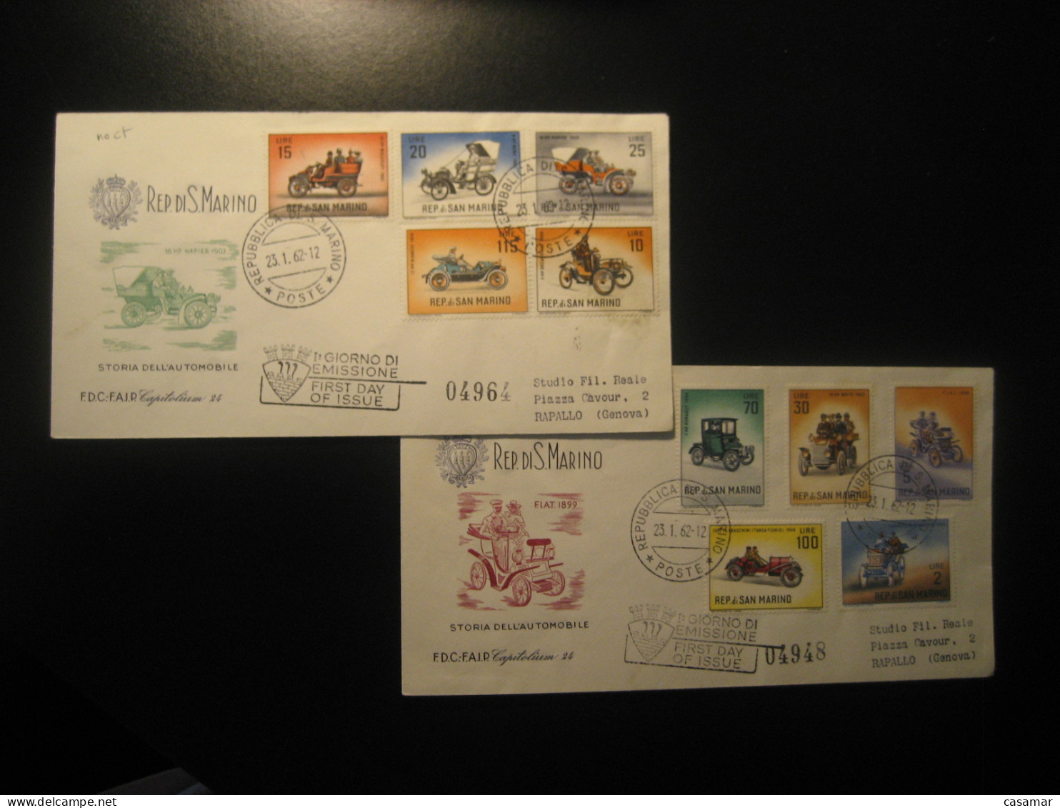 SAN MARINO 1962 To Rapallo Genova Renault Fiat Targa Florio Benz ... Auto Car FDC 2 Cancel Cover Italy Italia - Covers & Documents