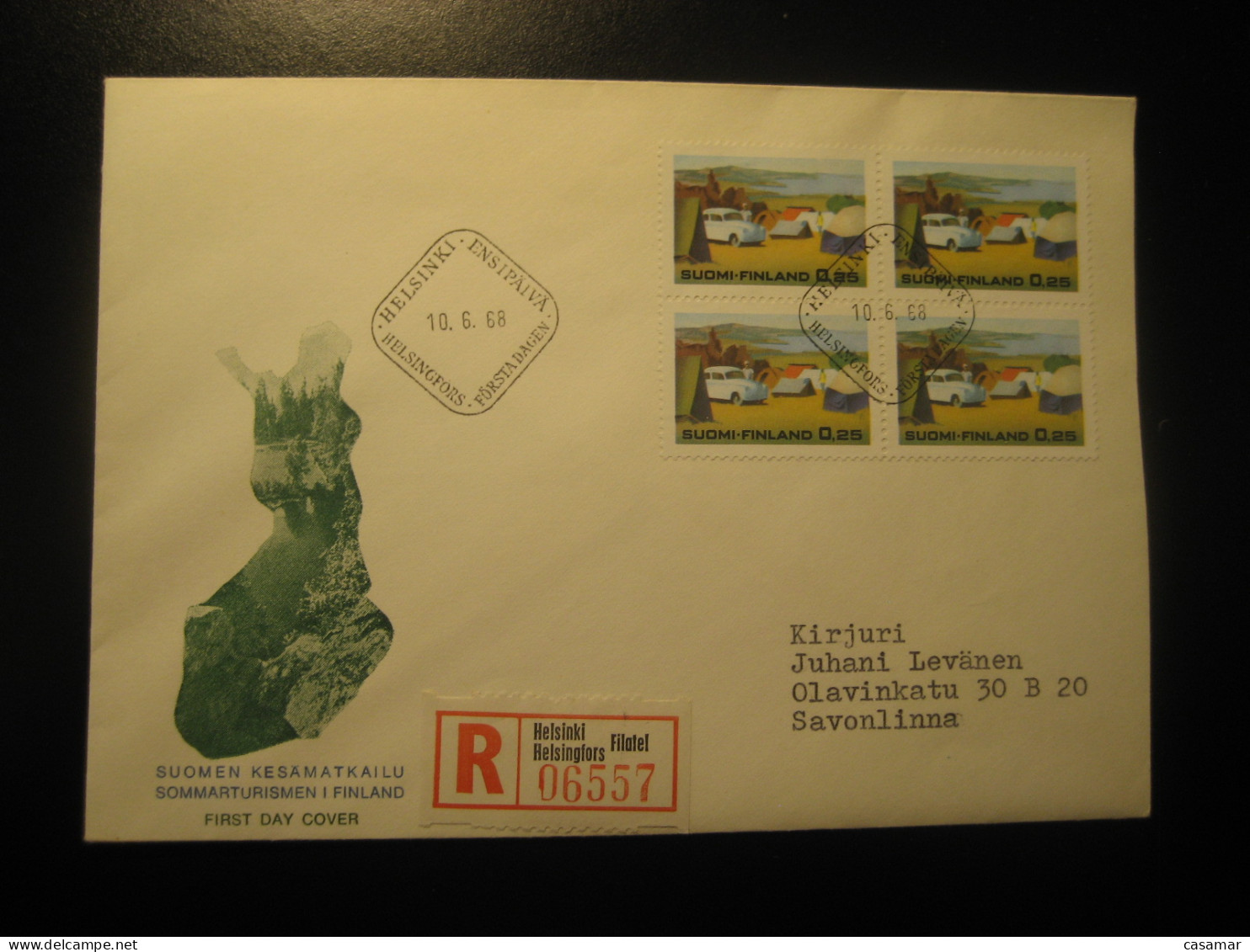 HELSINKI 1968 To Savonlinna Camping Auto Car FDC Registered Cancel Cover FINLAND - Storia Postale