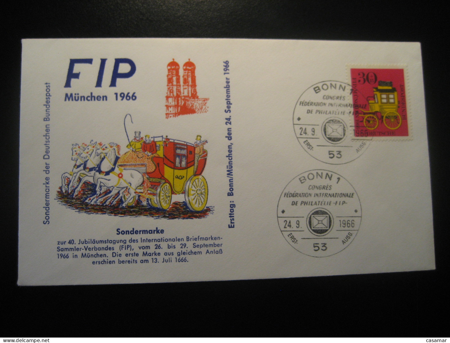 BONN 1966 Stagecoach Stage Coach Diligence FIP Munchen FDC Cancel Cover GERMANY - Diligences