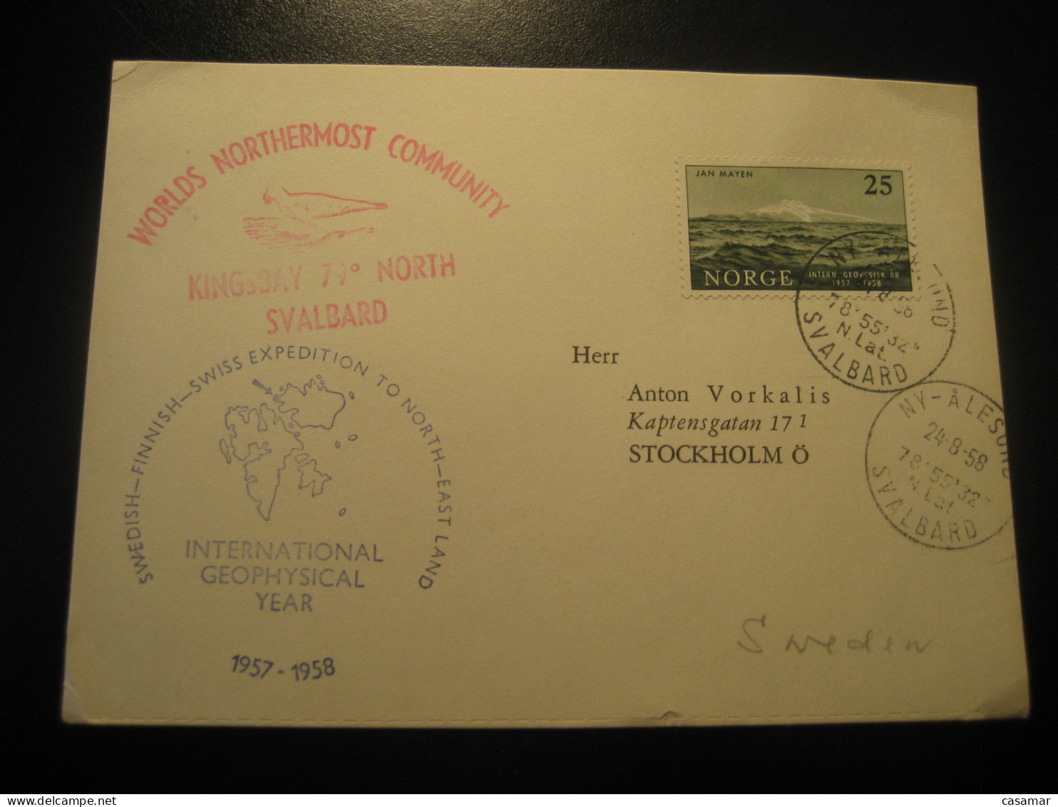 NY ALESUND SVALBARD 1958 Int. Geophysical Year Kingsbay North East Land Cancel Card NORWAY Sweden Finland Switzerland - Autres