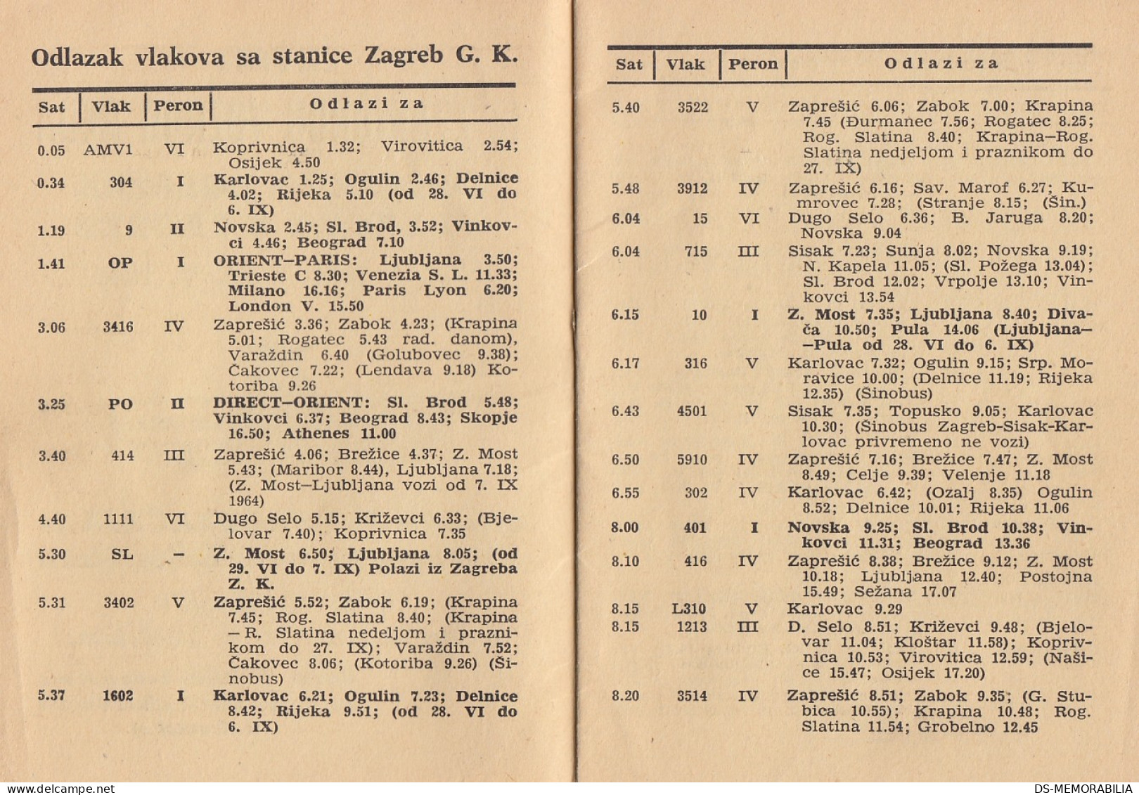 Yugoslavia Yugoslav Railways Timetable Zagreb Main Station Arrivals/Departs 1964 -65 - Europe