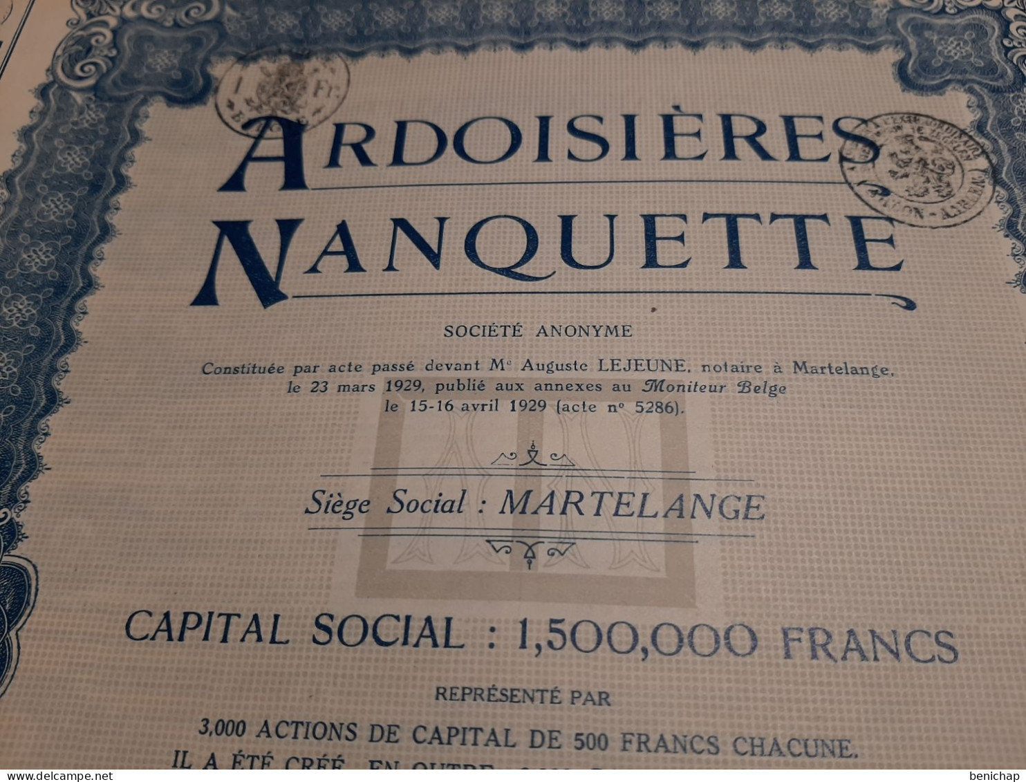 Ardoisières Nanquette S.A.- Part De Fondateur Sans Désignation De Valeur Au Porteur - Martelange Avril 1929. - Industrie