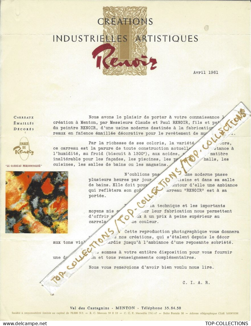 1961 SIGN. Renoir Créations Industrielles Artistiques Menton Alpes Mar. LETTRE PUBLICITE  PHOTO COULEUR CONTRE COLLEE - 1950 - ...