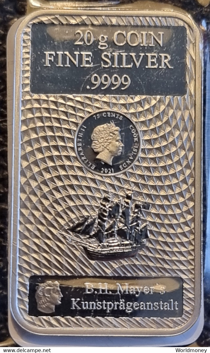 Cook Islands 75 Cents 2021 (Bounty New Generation Silver Coin Bar 20 Grams With Certificate) - Islas Cook