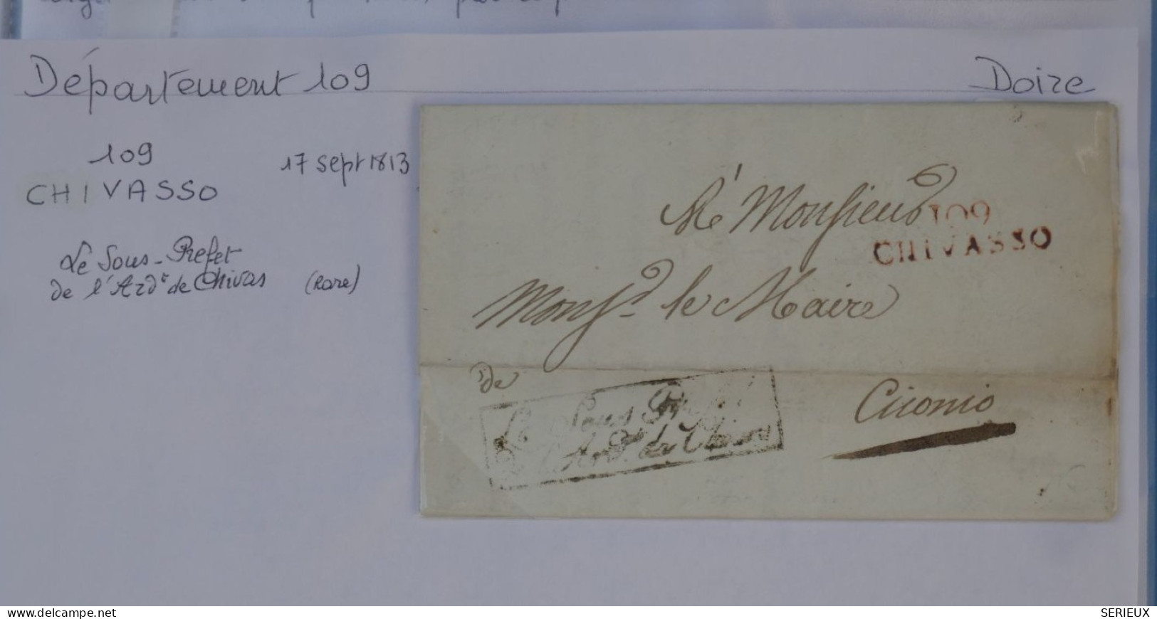 BT6 FRANCE DEPARTEMENT  CONQUIS 109 CHIVASSO  +NAPOLEON I ER . LETTRE RARE .LE S. PREFET .1813 +AFF. PLAISANT+++ - 1792-1815: Départements Conquis