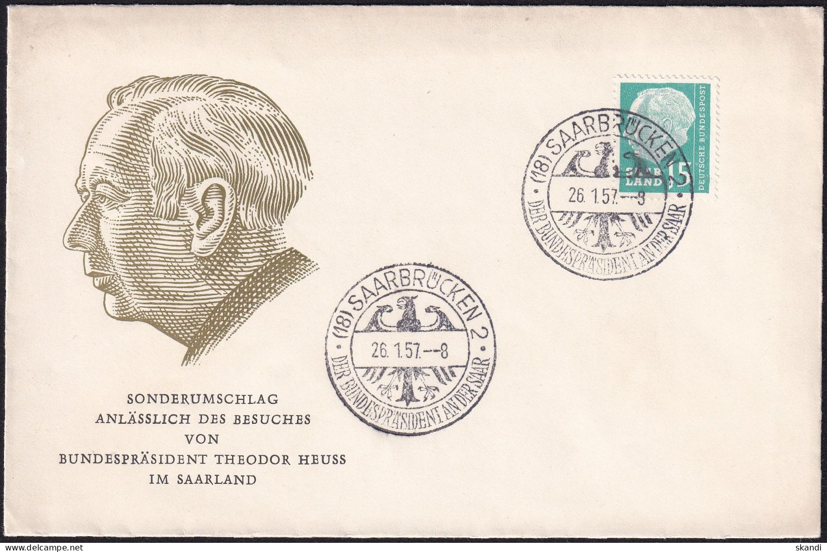 SAARLAND 1957 MI-Nr. 388 Auf Brief Sonderstempel Der Bundespräsident An Der Saar - Briefe U. Dokumente