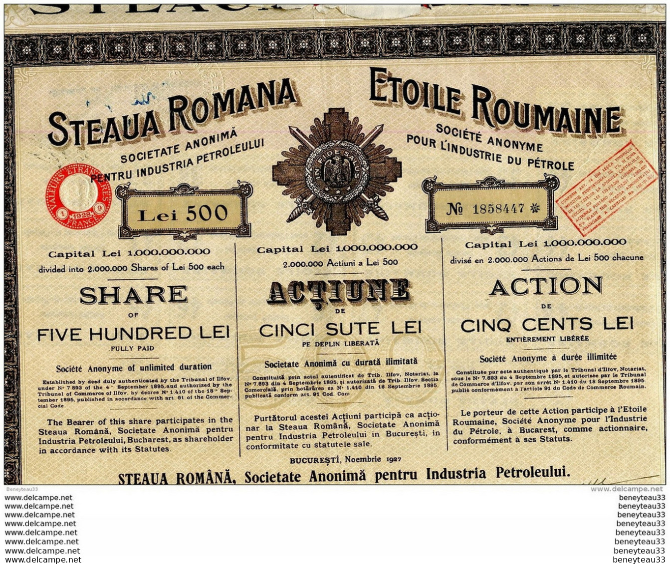 (C874)  VIEUX PAPIERS ACTIONS &amp; TITRES - STEAUA ROMANA ETOILE ROUMAINE - Oil