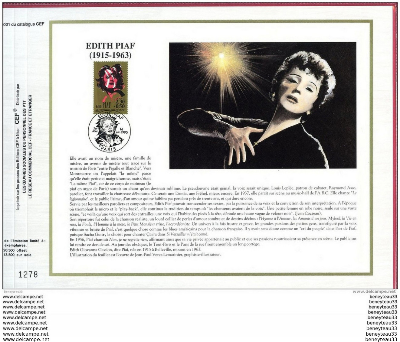 (Réf : B 233) DOCUMENT PHILATÉLIQUE  EDITH-PIAF (1915-1963) - Chanteurs