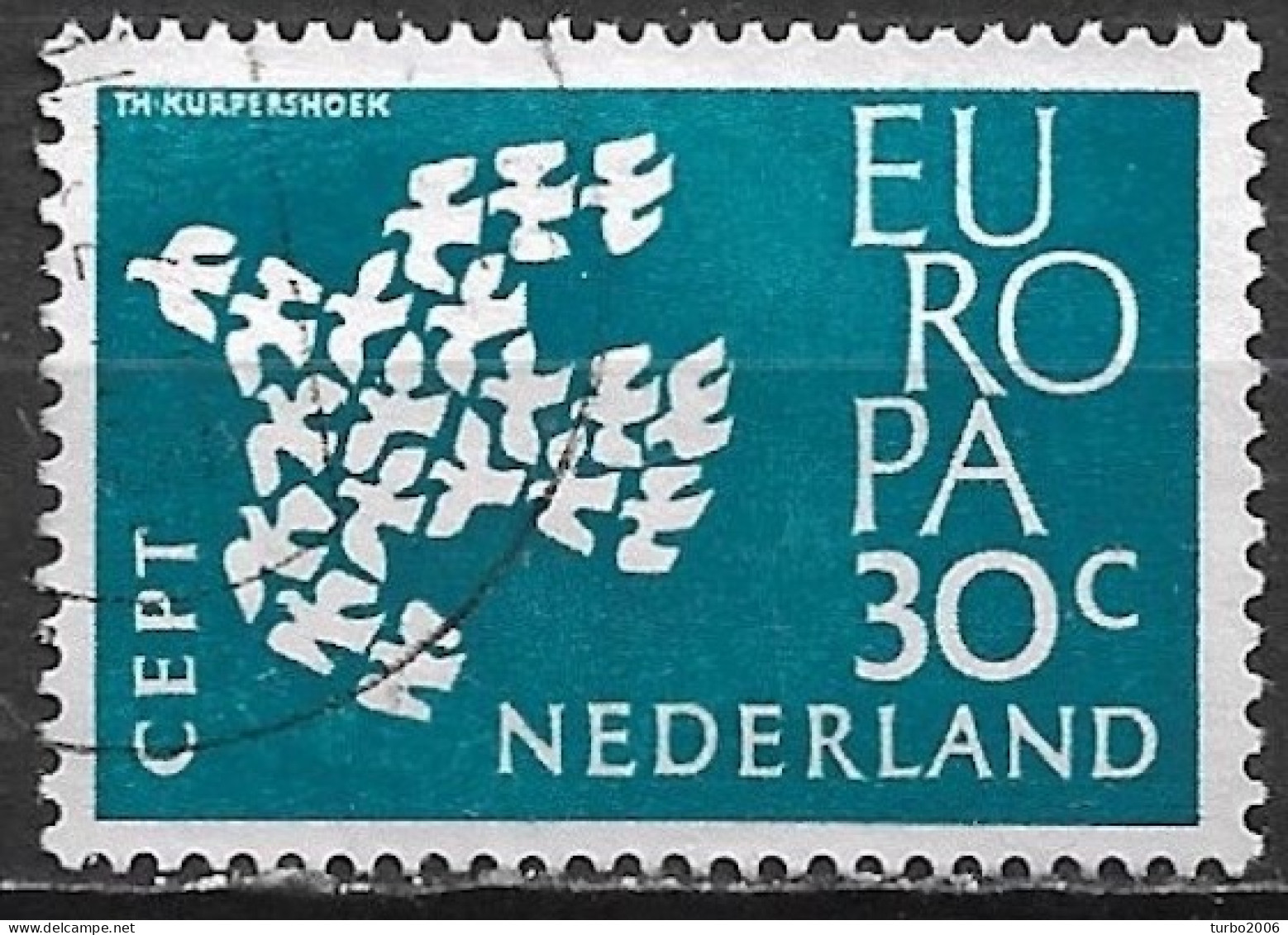 Plaatfout 1e Duif Van De Rechtervleugel Heeft Een Groene Stip In 1961 Europa / CEPT 30 Ct Blauw NVPH 758 PM - Plaatfouten En Curiosa