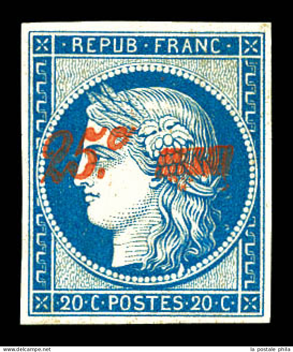 N°8A, Non émis, 25c Sur 20c Bleu, Quatre Belles Marges, Fraîcheur Postale. SUPERBE. R.R.R. (certificat)  Qualité: **   - 1849-1850 Ceres