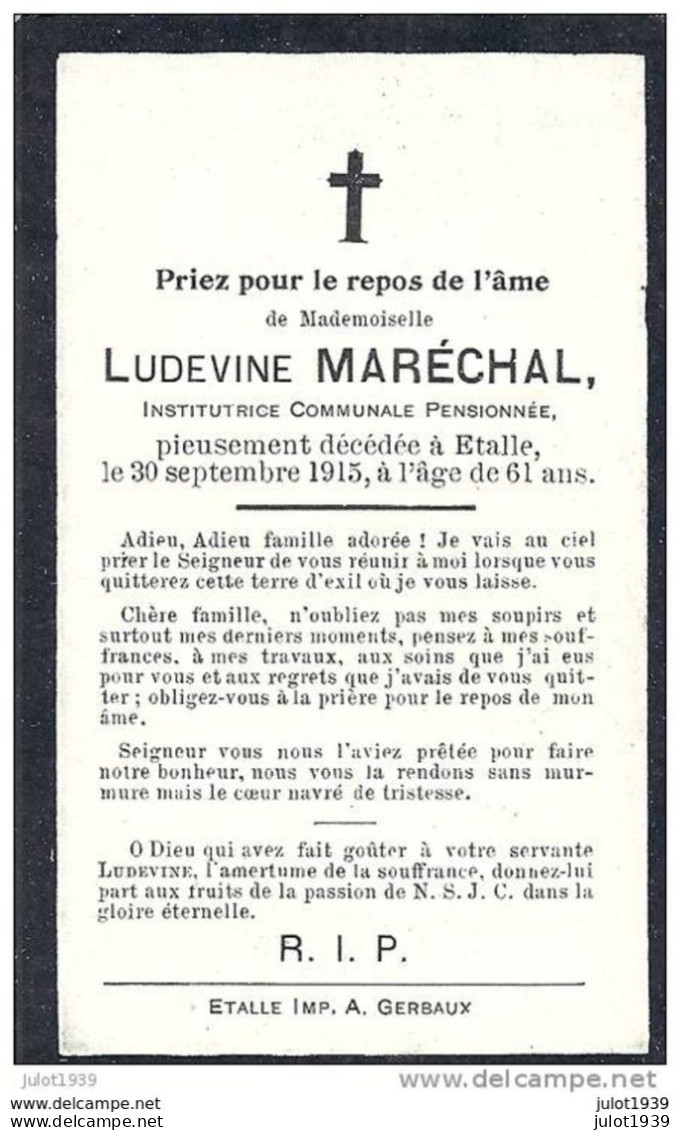 ETALLE ..-- Melle Ludevine MARECHAL , Institutrice Communale Pensionnée . 1854 - 1915 . - Etalle
