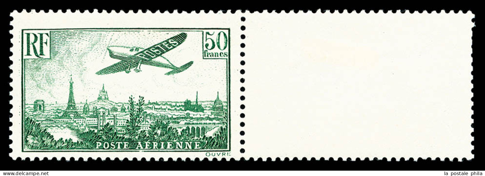 N°14, Avion Survolant Paris, 50F Vert-jaune, Bord De Feuille Latéral Droit, Infime Imperfection De Papier Au Recto Sinon - 1927-1959 Neufs