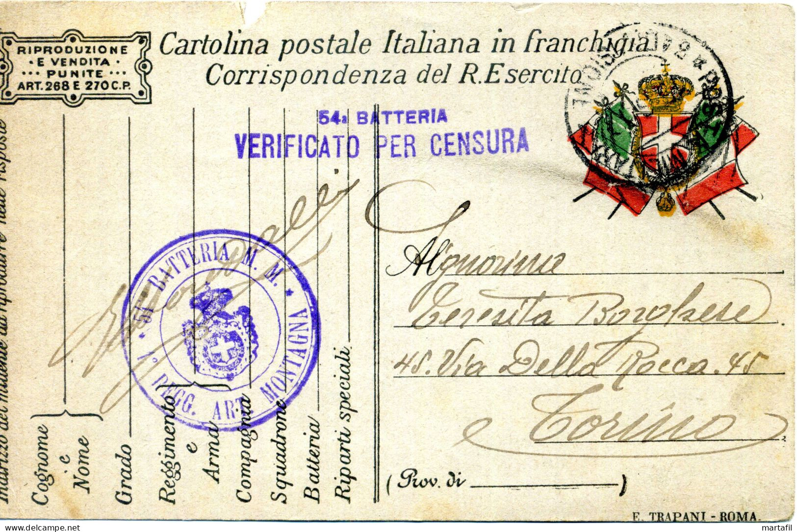 Franchigia, 1917 Posta Militare, 54° Batteria M.M., 1° Regg. Art. Montagna, Torino - Zonder Portkosten