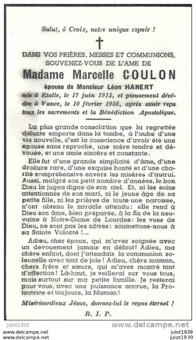 VANCE ..--  Mme Marcelle COULON , épouse De Mr Léon HANERT . Née à ETALLE En1913 . Décédée En 1956 . - Etalle
