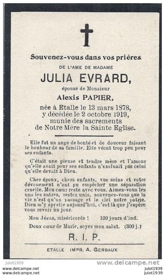ETALLE ..-- Mme Julia EVRARD , épouse De Mr Alexis PAPIER . Née En 1878 , Décédée En 1919 . - Etalle