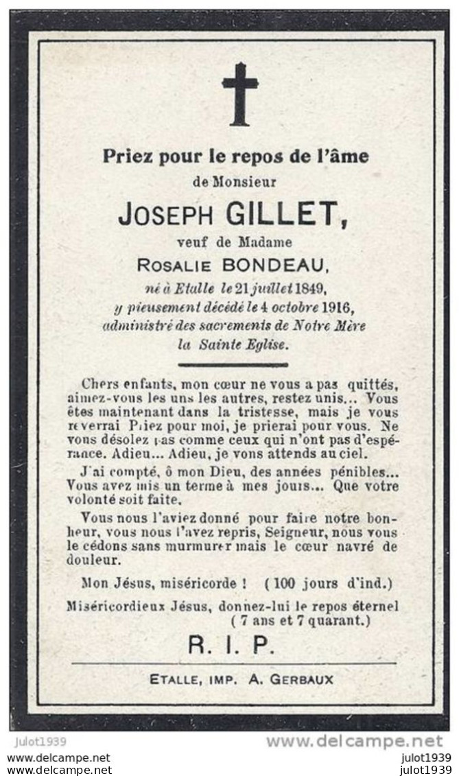 ETALLE ..-- Mr Joseph GILLET , Veuf De Mme Rosalie BONDEAU . Né En 1849 , Décédé En 1916 . - Etalle