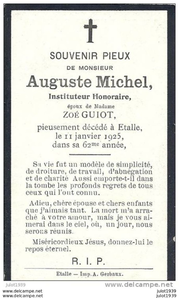 ETALLE ..-- Mr Auguste MICHEL , Instituteur Honoraire , époux De Mme Zoé GUIOT . 1863 - 1925 . - Etalle