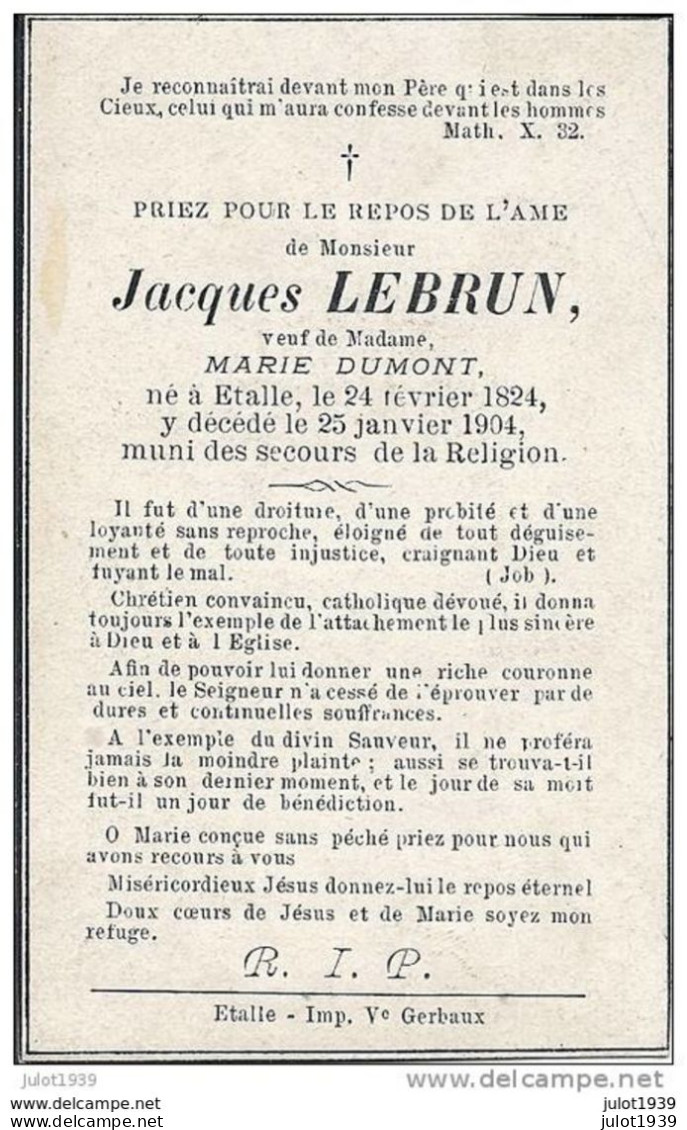 ETALLE ..-- Mr Jacques LEBRUN , Veuf De Mme Marie DUMONT . 1824 - 1904 . - Etalle