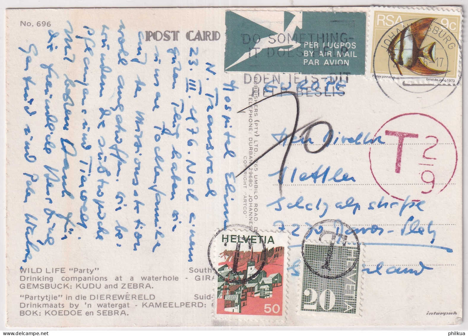 454 Rotrand-Fledermausfisch Auf Nachtaxierter Postkarte Gelaufen Ab Johannesburg In Die Schweiz Nach Davos Platz - Cartas & Documentos