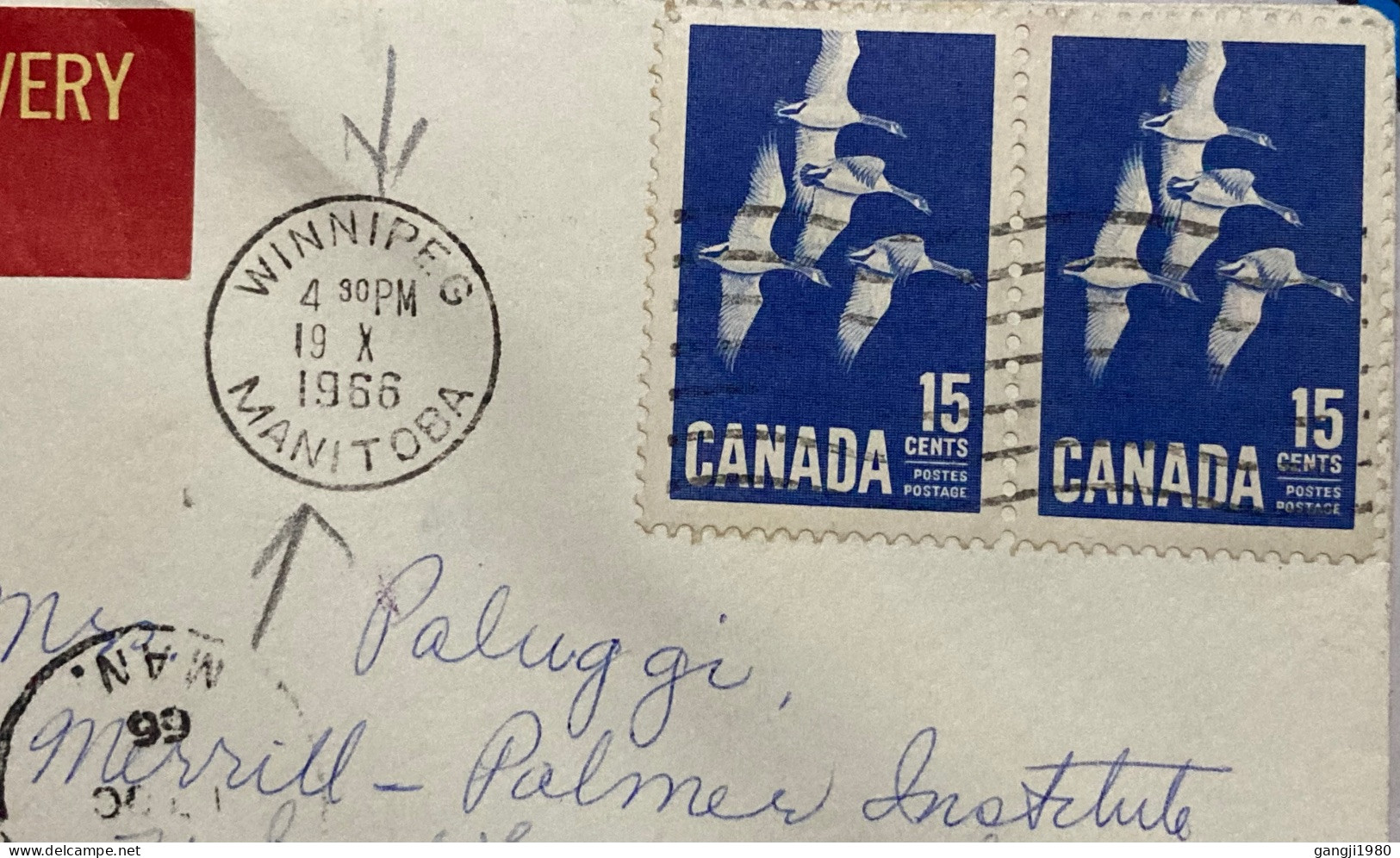 CANADA-1966, COVER USED TO USA, ETIQUETTE SPECIAL DELIVERY EXPRES, SD-8 23-10-61, YELLOW ON RED, WINNIPEG & DETROIT CITY - Storia Postale