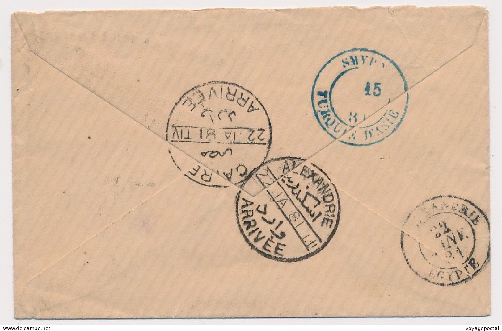 BFE LETTRE TYPE SAGE 25C CONSTANTINOPLE VIA SMYRNE ALEXANDRIE POUR LE CAIRE EGYPTE COVER TURKEY - Storia Postale