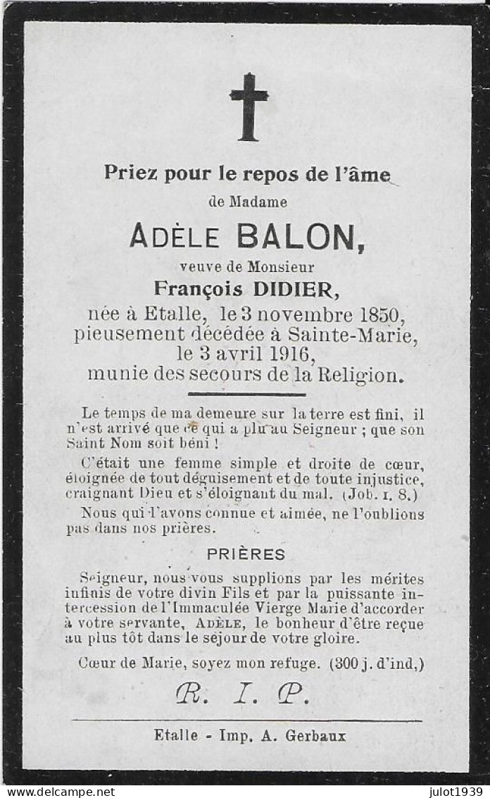 ETALLE ..-- Mme Adèle BALON , Veuve De Mr François DIDIER , Née En 1850 , Décédée En 1916 . - Etalle