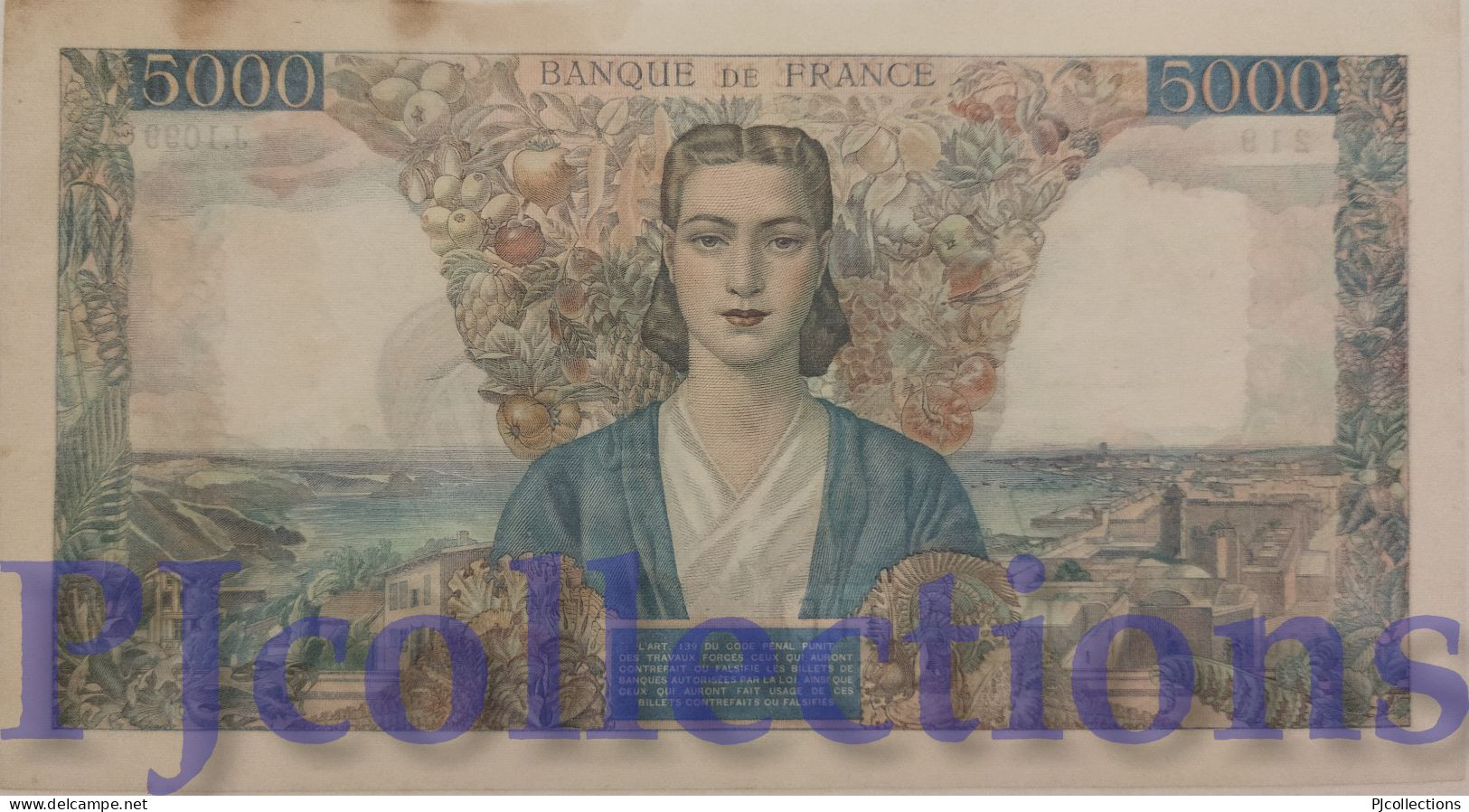 FRANCE 5000 FRANCS 1945 PICK 103c AU+ W/SMALL HOLES - 5 000 F 1942-1947 ''Empire Français''